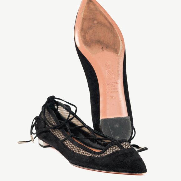 Aquazzura Dalia Black Suede & Mesh Ankle-Tie Ballet Flats - Picture 5 of 10
